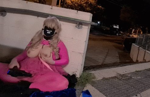 Pink leashed sissy in public #17