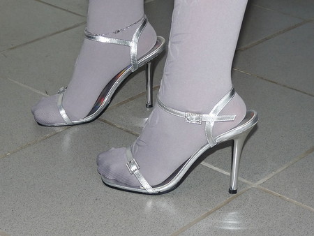 Wifes shiny silver sandals heels pantyhose