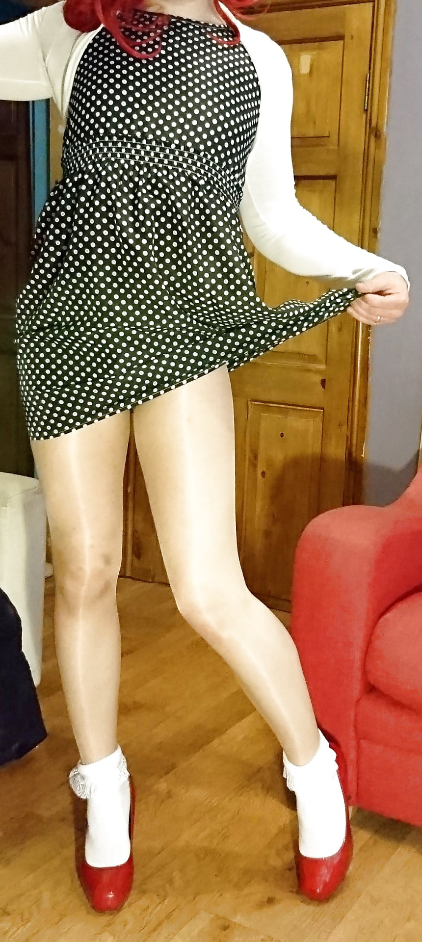 Marie crossdresser in polka-dots and frilly socks  