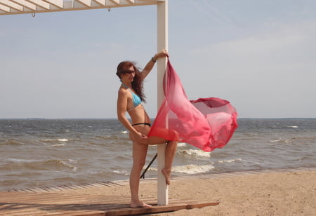 red shawl on windy weather         