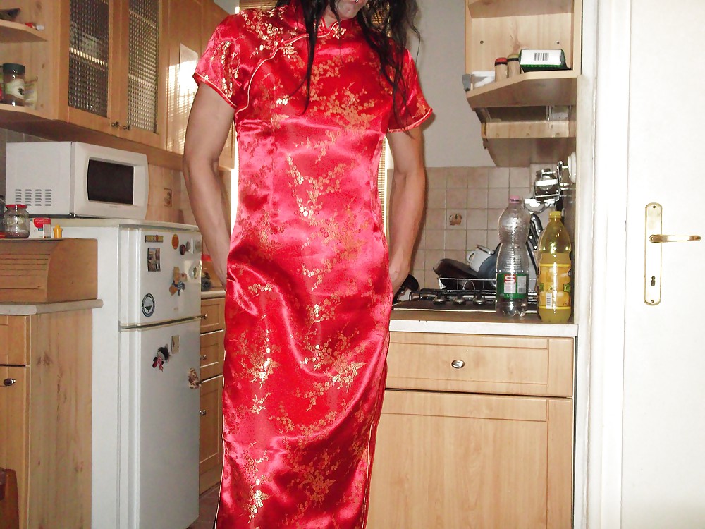 Red satin (silk) chinese dress - cheongsam (qipao) porn pictures