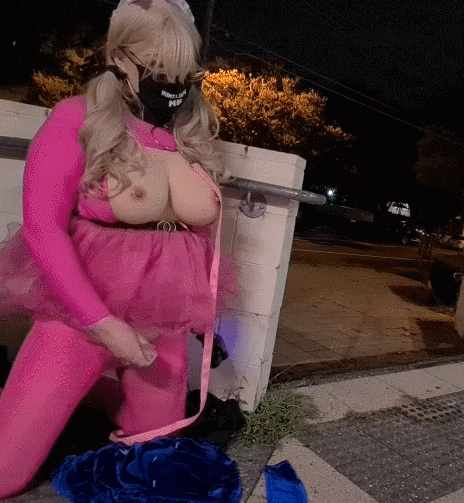 Pink leashed sissy in public #12